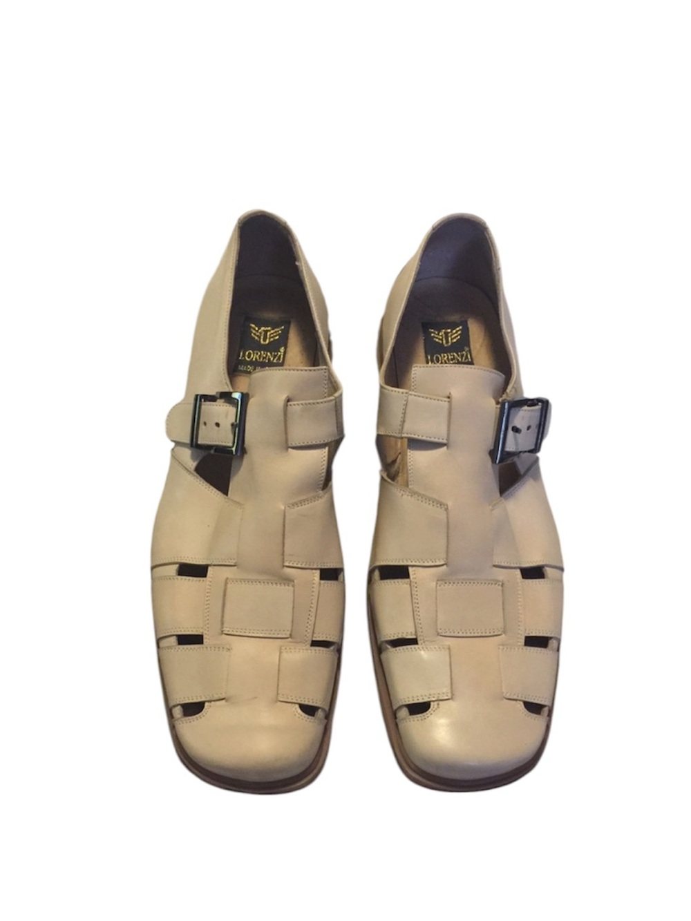 Lorenzi Italy Woven Cream Color Leather Mens Italian Buckle Sandal Shoes